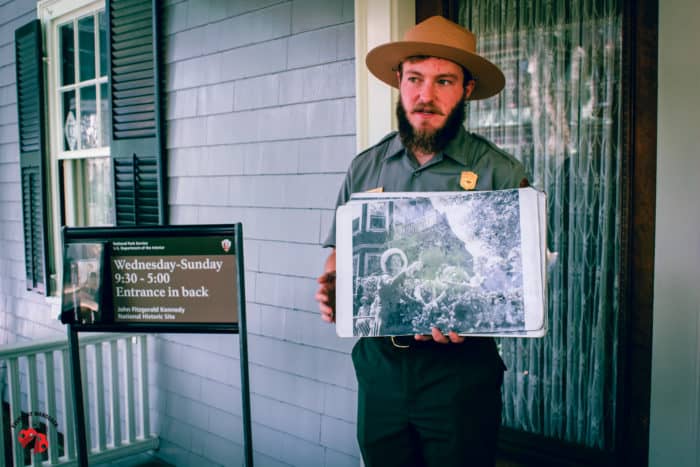 The ranger-led tours at JFK's birthplace start on the front porch