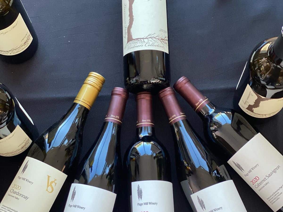 A group of bottles of wine on a table at Page Mill Winery.