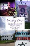 Collage of images showing Prince's Paisley Park: a motorbike display, a photo tribute, the exterior of the building, and an interior view with artwork. Text in the center reads: "Paisley Park: Inside Prince’s Home and Recording Studio.