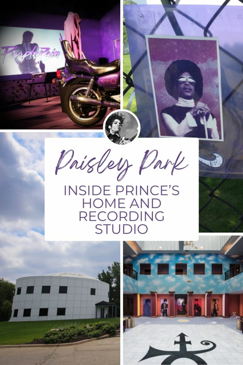 Collage of images showing Prince's Paisley Park: a motorbike display, a photo tribute, the exterior of the building, and an interior view with artwork. Text in the center reads: "Paisley Park: Inside Prince’s Home and Recording Studio.