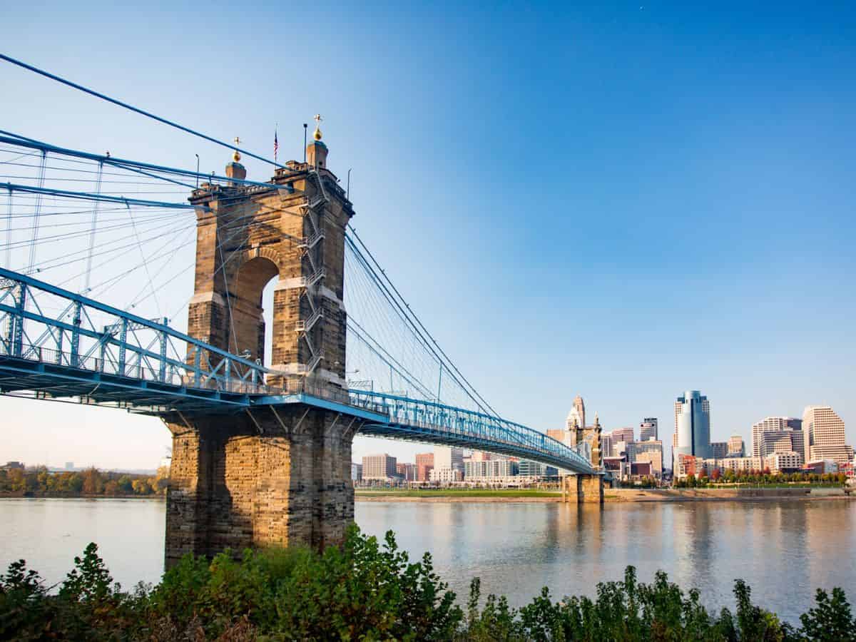 Roebling Bridge and Cincinnati Skyline from Northern Kentucky in Fall