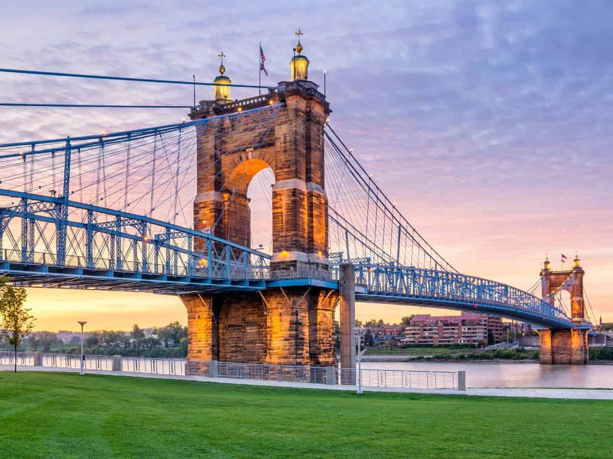 Roebling Bridge spanning the Ohio River at sunset