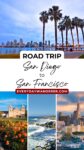 Collage showing city skyline with palm trees, rose garden by a historic mission, rocky beach with ocean, and cityscape with a tall pyramid-shaped building. Text reads: "Road Trip San Diego to San Francisco.