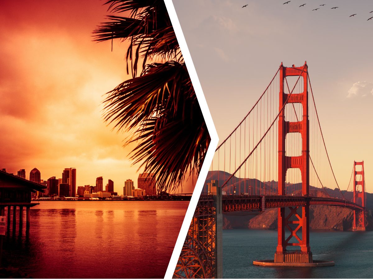 A split image shows a sunset cityscape with palm trees on the left and the Golden Gate Bridge over water on the right.