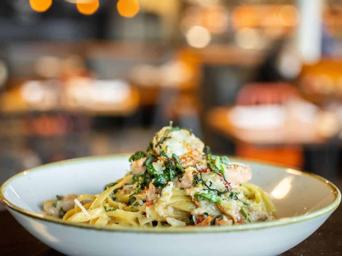 Seafood Fettucini Alfredo at WildFin, a seafood restaurant in Tacoma WA