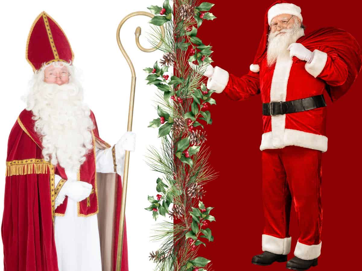 Sinterklaas and Santa Claus standing next to each other.