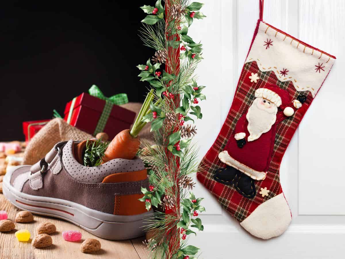 A shoe waiting for a visit from Sinterklaas and a stocking waiting for a visit from Santa Claus.