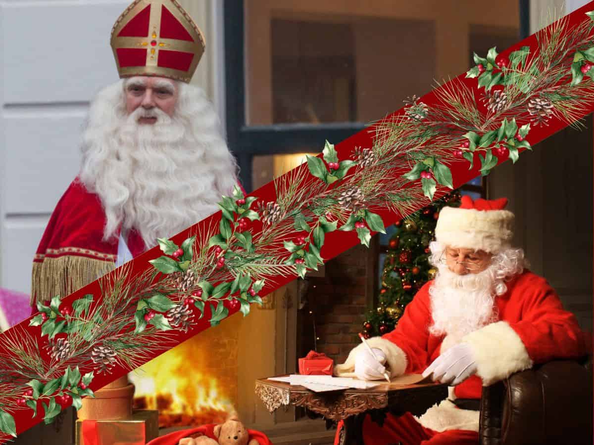 Sinterklaas riding on a horse and Santa Claus sitting in front of a fireplace.