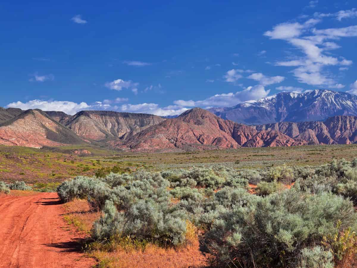 A red dirt hiking trail winding through Snow Canyon State Park in Utah.