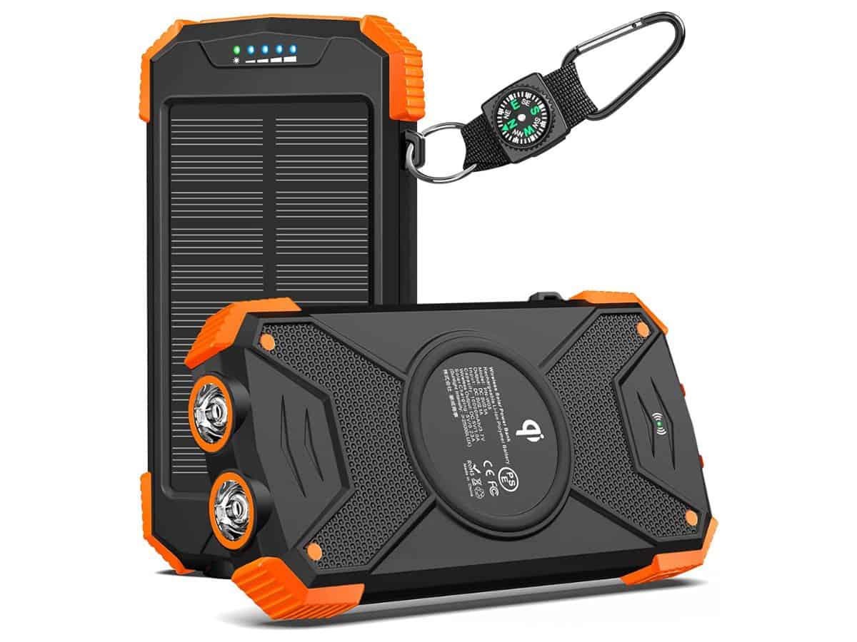 A black and orange solar power bank.