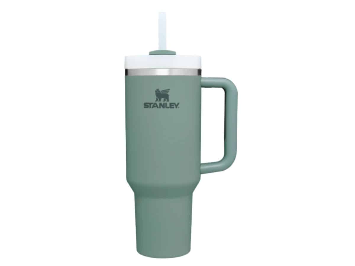 A green Stanley 40-ounce Quencher on a white background.
