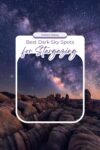 A rocky desert landscape with a clear night sky filled with stars. Text overlay reads "United States Best Dark Sky Spots for Stargazing.