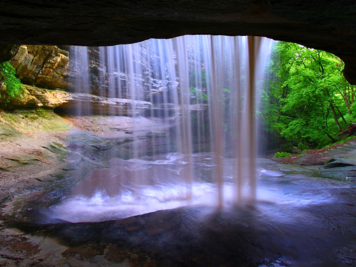View from behind a waterfall, with water cascading over a rocky shelf into a serene pond surrounded by lush green vegetation.