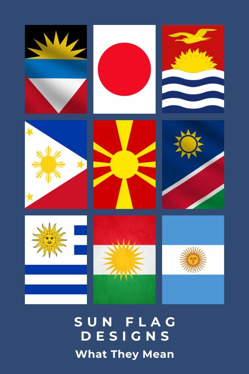 A poster showcasing various national flags featuring sun symbols, each flag arranged in a grid with a title "sun flag designs - what they mean" at the bottom.