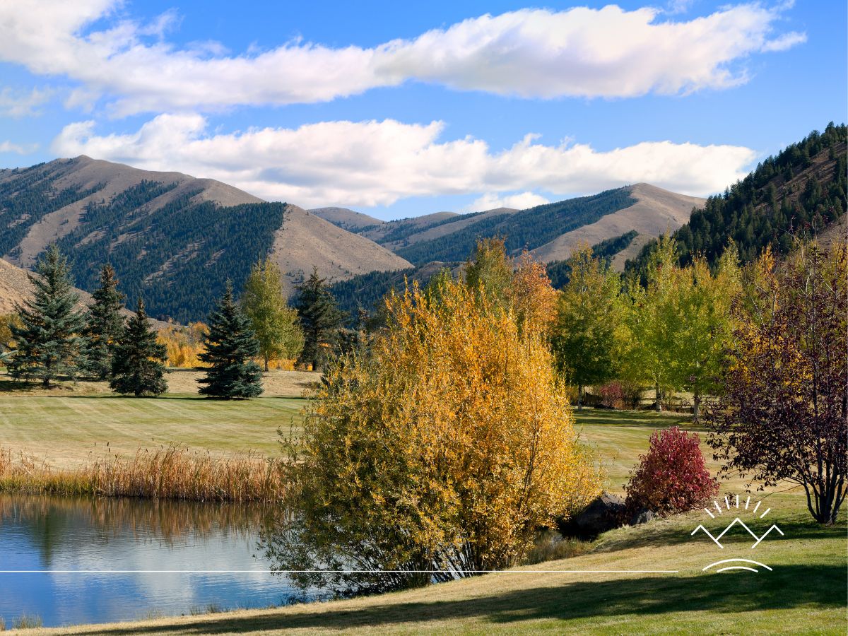 Mountain landscape with autumn trees, a pond, and partly cloudy sky.