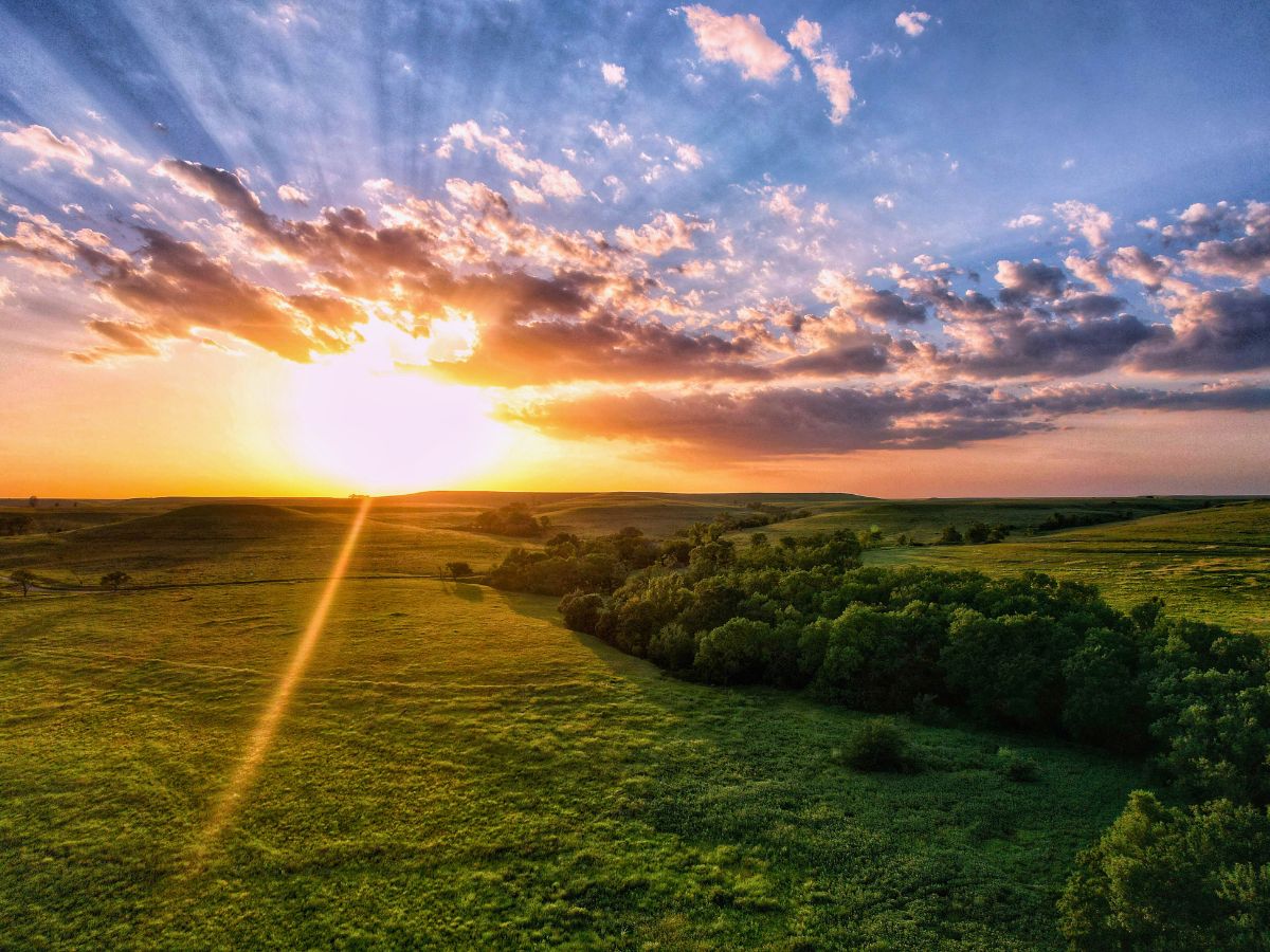A sunset over a hilly landscape with green fields, scattered trees, and a cloudy sky.