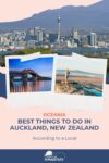 A travel guide for Auckland, New Zealand. The top image shows the city skyline, the middle left image shows a bridge, and the middle right image shows a person standing on rocks by the beach.