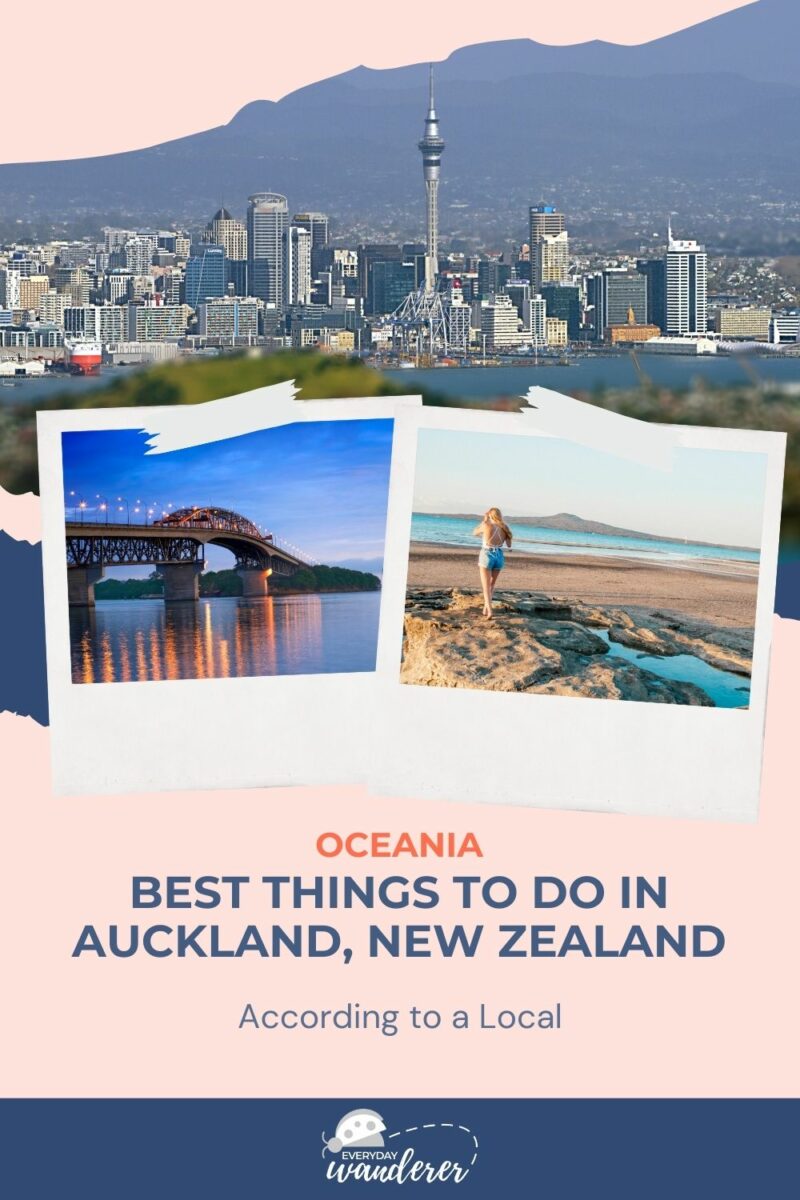 A travel guide for Auckland, New Zealand. The top image shows the city skyline, the middle left image shows a bridge, and the middle right image shows a person standing on rocks by the beach.
