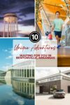 Collage featuring Bentonville, Arkansas: a water tower at dusk, a family in an architectural structure, a modern building by a lake, and an old car in front of a contemporary museum. Text: "10 Unique Adventures Waiting for You in Bentonville, Arkansas.