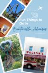 Collage promoting "10 Fun Things to Do in Bentonville, Arkansas," featuring images of art, sculptures, a heart-shaped tree carving, and the Walton's store.