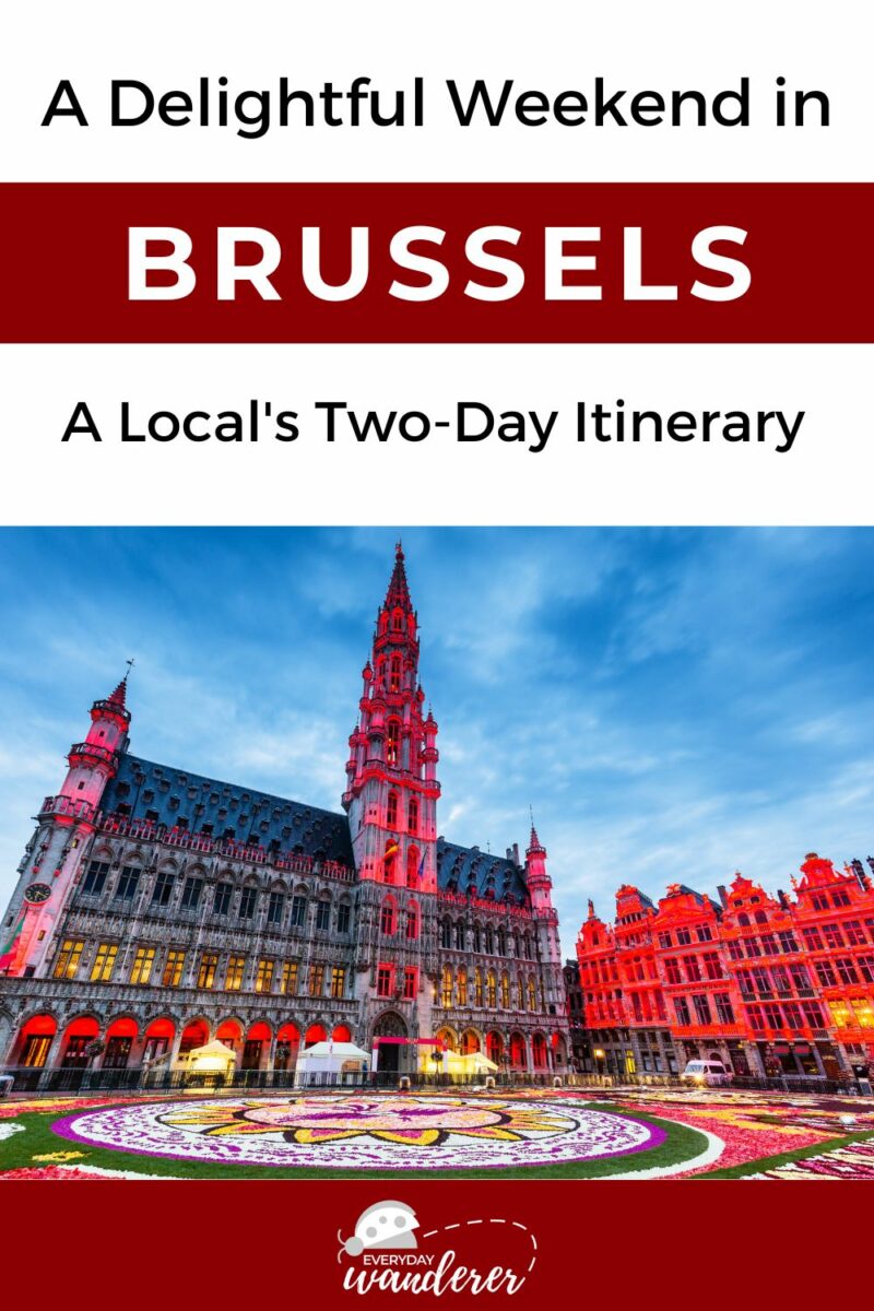 A travel guide cover with the title "A Delightful Weekend in Brussels: A Local's Two-Day Itinerary" featuring an illuminated historic building in Brussels at dusk.