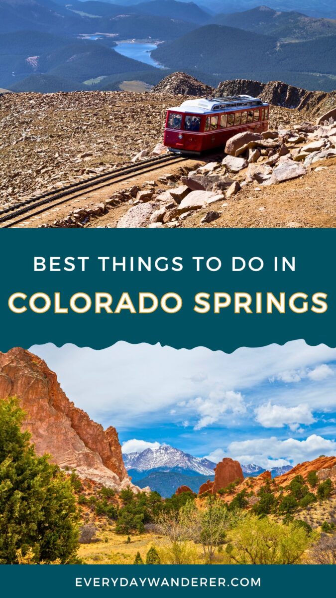 Scenic Colorado Springs with a red train on rocky mountains, a view of Garden of the Gods, and text promoting top activities.