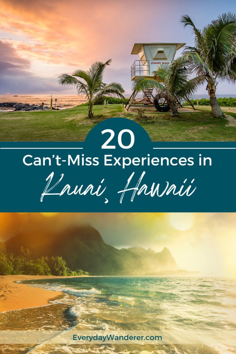 A lifeguard tower and palm trees at sunset, promoting "20 Can't-Miss Experiences in Kauai, Hawaii" with a scenic beach image below.