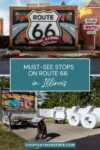 Collage of Route 66 stops in Illinois featuring a mural, a vintage gas station scene, and large "66" signage.