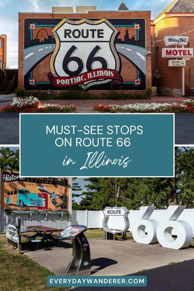 Collage of Route 66 stops in Illinois featuring a mural, a vintage gas station scene, and large "66" signage.