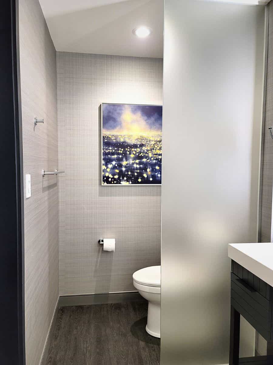 Loews Kansas City Hotel: A bathroom with a toilet, sink, and mirror.