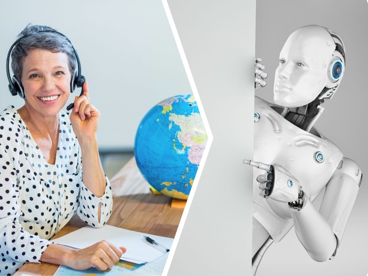 A travel agent wearing a headset sits beside a globe, smiling. Beside them, a humanoid robot peeks out from behind a wall, pointing.
