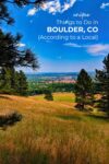 Scenic view of Boulder, CO with grassy hillside in the foreground, pine trees, and the city visible in the distance under a blue sky.