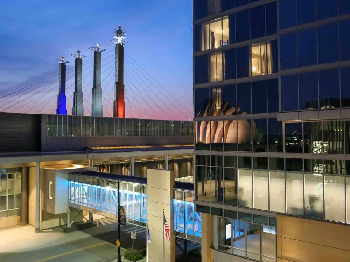 A view of the pedestrian bridge that connects Loews Kansas City Hotel to the KC Convention Center.
