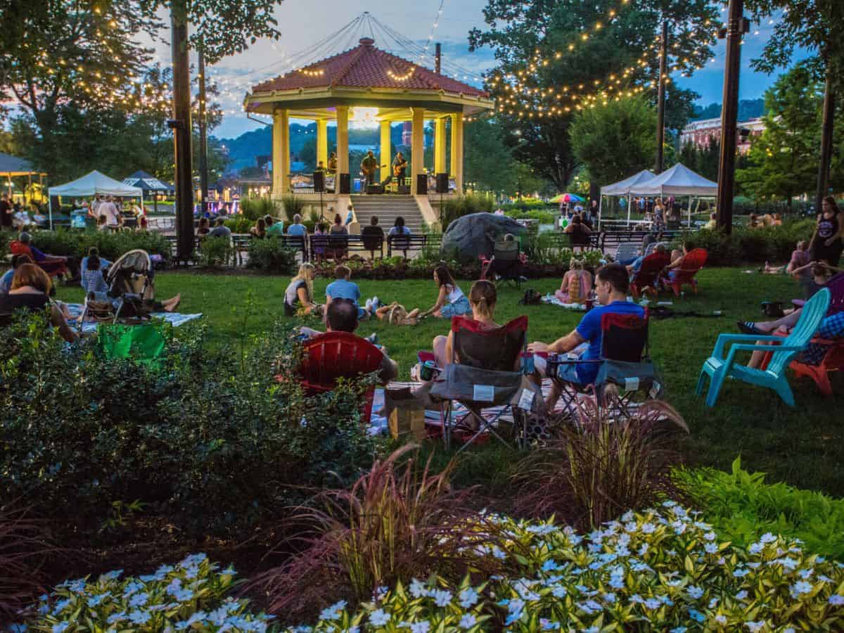 Gazebo at Washington Park in Cincinnati as night falls.
