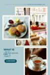 Afternoon tea concept with scones, jam, clotted cream, a variety of desserts, and a cup of tea.