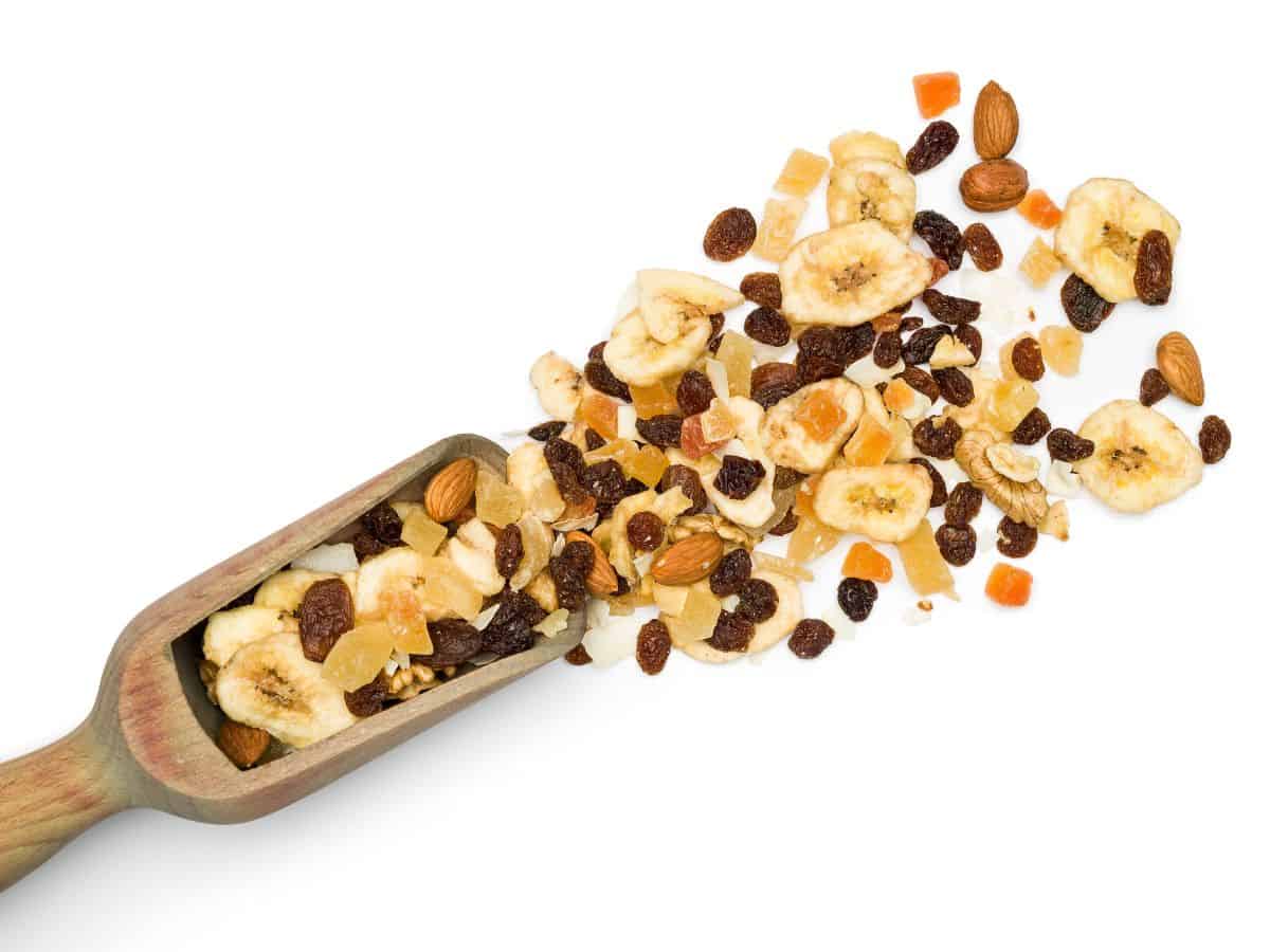 Wooden Scoop of Banana Chips and Dried Fruit