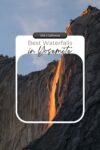 A waterfall in Yosemite National Park is highlighted by orange glow at sunset. Text overlaid on the image reads "Best Waterfalls in Yosemite, USA | California.