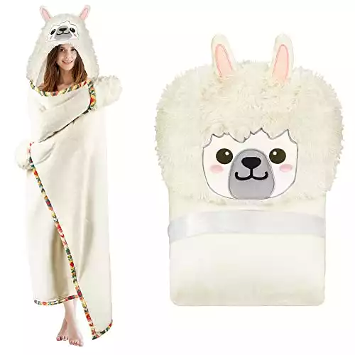 Llama Alpaca Wearable Hooded Blanket for Adults Fuzzy Super Soft Warm Cozy Plush Flannel Fleece & Sherpa Hoodie Throw Cloak Wrap - Llama Gifts for Women Adults Girls and Kids