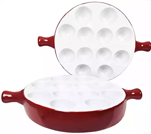 jinsongdafa Ceramic Escargot Plates appetizer Dishes,baked snails,baked scallop, Devil's Egg (2-Pack) 9.33-Inch with Handle Footed Dishes, Oven Safe Holes Set for Home Restaurant Hotel, Brown