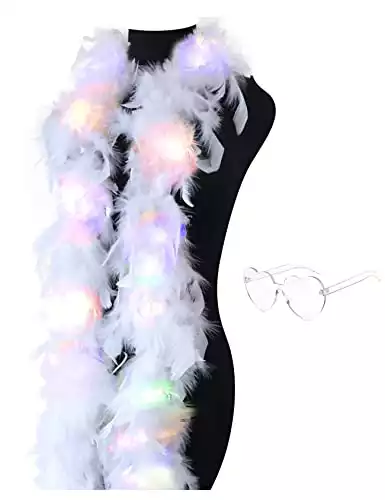 JICASTO Colorful Feather Boas, 6.6ft Boa with 20 Color LED Lights for Women for Dancing Party Halloween,with Heart Sunglasses
