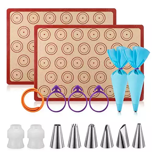 Silicone Baking Mat Macaron Mat Kit(16pcs set) Macaroon Baking Mat Set of 2 Half Sheet Macaron Silicone Mat Nonstick Macaron Mat Sheet,6 Piping Tip,2 Piping Bag with 3 Bag Tie,2 coupler (11.6"x16...