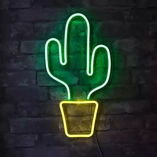 Isaac Jacobs 19 x 10 inch LED Neon Green Cactus with Yellow Planter Wall Sign for Cool Light, Wall Art, Bedroom Decorations, Home Accessories, Party, and Holiday Décor: Powered by USB Wire (CACTUS)