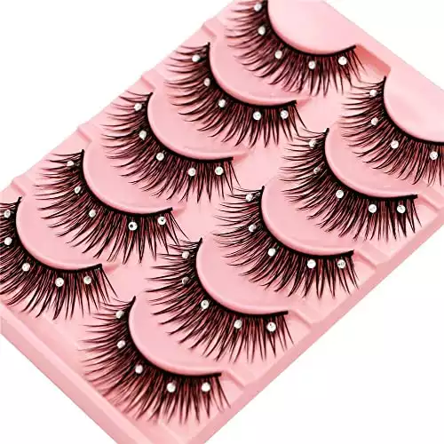 Okdeals 5 Pairs Glitter Lashes 3D Fluffy Natural Cosplay Anime Eyelash with Rhinestones, 13mm Dramatic Manga Lashes Halloween New Year Party Stage Makeup Eyelash, Black Stems