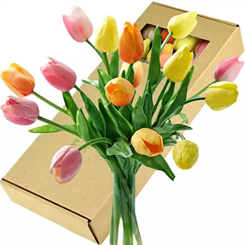 FiveSeasonStuff 15 Stems Festive Bloom Real Touch Tulips Artificial Flowers for Her Gifts Wedding Home Bouquet