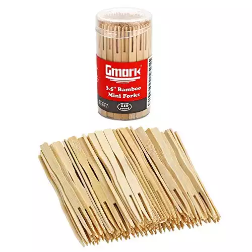 Gmark Bamboo Forks 3.5 Inch 110pc, Mini Food Picks/Bamboo Fruit Picks/Mini Cocktail Forks/Party Forks/Buffet Mini Forks/Two Prongs Cocktail Picks for Appetizer, Cocktail, Pastry, Dessert. GM1031A