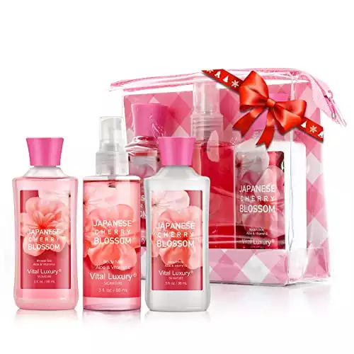 Vital Luxury Bath & Body Care Travel Set - Home Spa Set with Body Lotion, Shower Gel and Fragrance Mist, Valentines Day Gifts for Her and Him(Japanese Cherry Blossom)