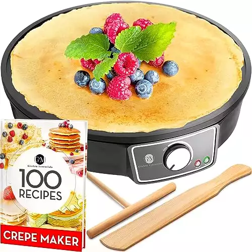 Crepe Maker Machine (Easy to Use), Pancake Griddle Nonstick 12 Electric Griddle Pancake Maker, Batter Spreader, Wooden Spatula Crepe Pan for Roti, Tortilla, Blintzes Portable, Compact