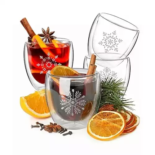 Wrenbury Mulled Wine Glasses Snowflake 7.7oz - Set of 4 Hot Toddy Mugs - Double Walled - Insulated Winter Christmas Eggnog Glogg Drinks - Gluhwein Cups