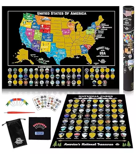 Scratch Off Map of United States + All 63 US National Parks Scratch Off Poster, 85 USA Landmarks, Travel Map Kit, 50 State Photo Wall Adventure Maps, Journal Gifts for Travelers by Bright Standards
