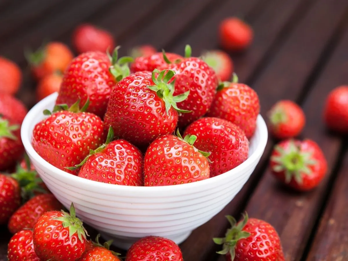 A bowl of juicy red strawberries
